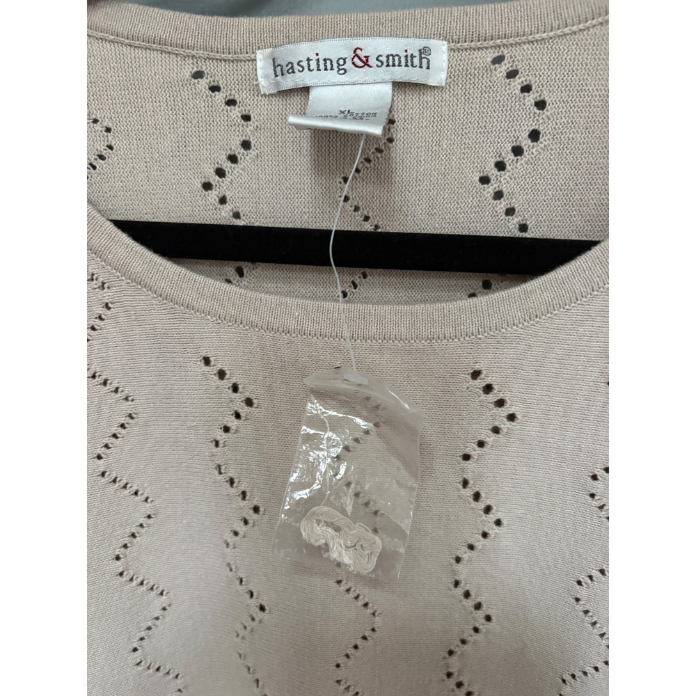 Hasting & Smith Beige Pointelle Knit Fringe Hem Top XL Cotton Boho Short Sleeve - Picture 3 of 7